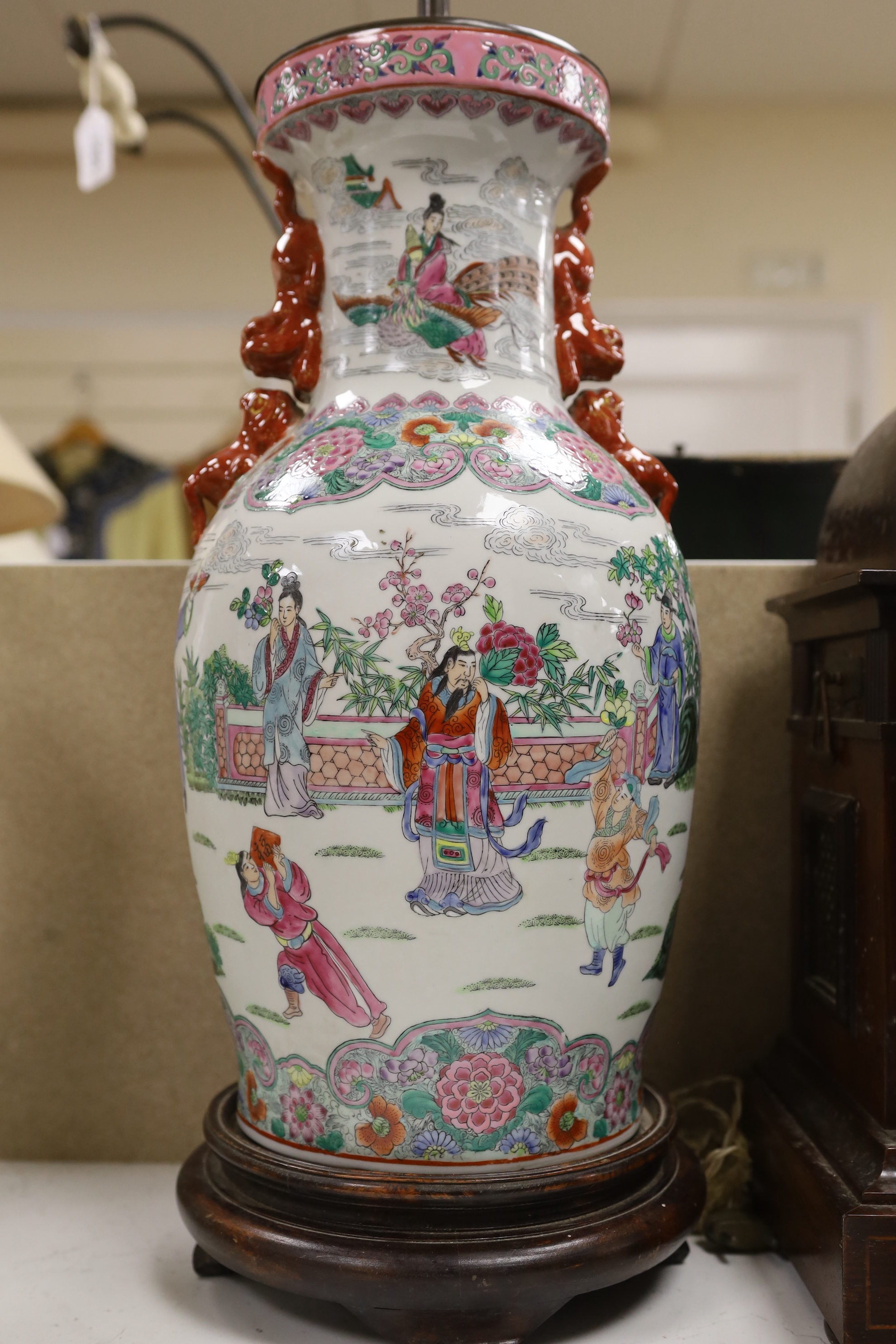 A Chinese famille rose ‘immortals’ vase converted to a lamp, 54cm to top of vase